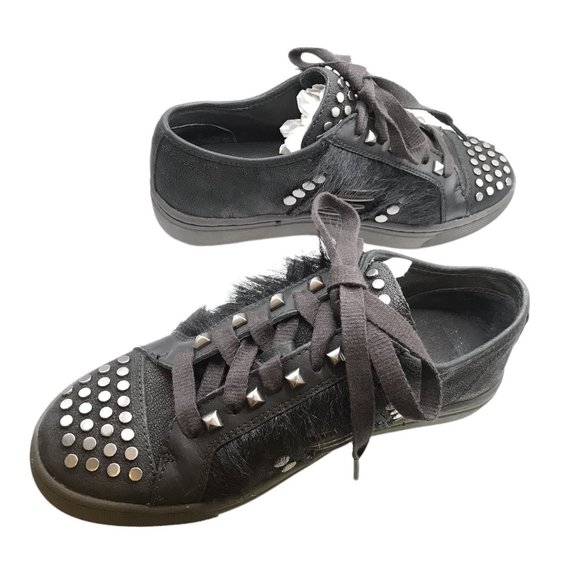 UGG BLACK STUDDED FUR LACE-UP Biker Chic LEATHER PLATFORM SHOES! SIZE 7! - Picture 2 of 14